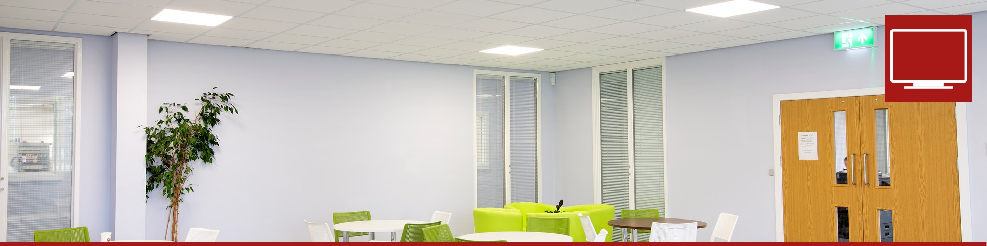 Tamlite Office break room LED lighting header with red icon