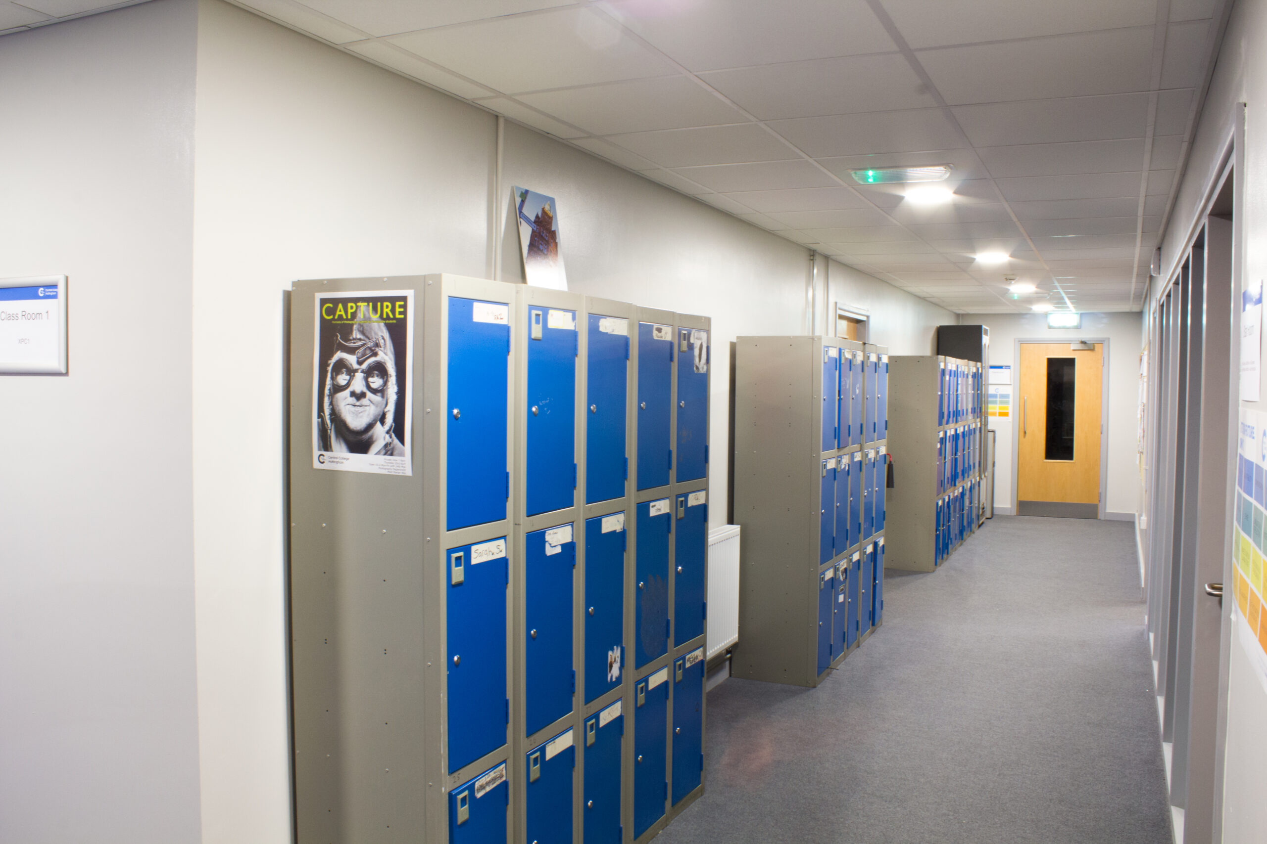 Tamlite Central College Nottingham hallway LED lighting with blue lockers