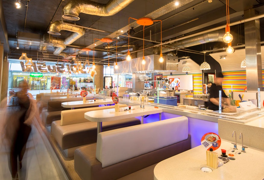 Tamlite Yo Sushi Russell Square London dining area and kitchen area lighting
