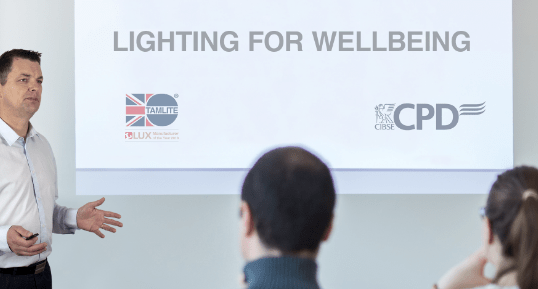 Tamlite Lighting for Wellbeing presentation with logos