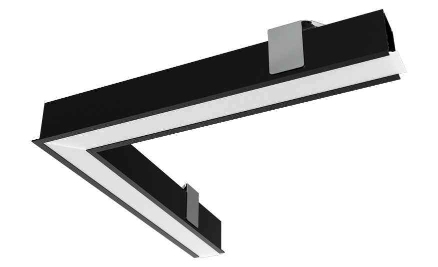 Recessed corner Signum light in black, designed for a seamless fit into corner spaces with a modern, sleek appearance. The black finish adds a bold, contemporary touch, while the recessed design ensures efficient lighting without protrusion. Ideal for commercial or industrial applications, reflecting Tamlite's commitment to style and functionality.