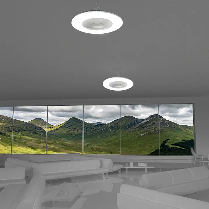 circa in room with green hills in the background.