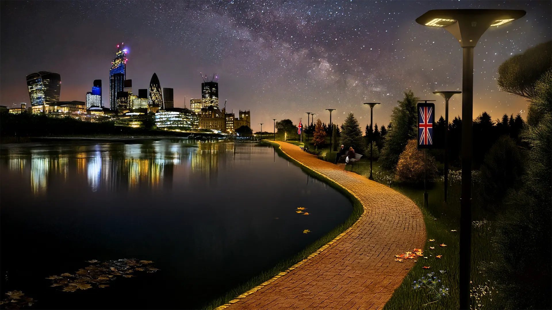 city park scene at night showing london skyline and park lanterns