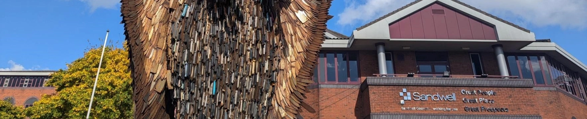 Front of Sadwell Council Building with Knife Angel