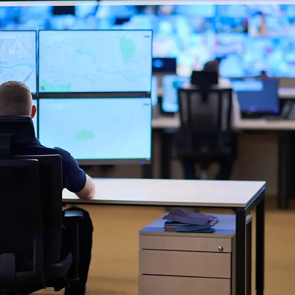 data centre control room lighting with a desk and monitors